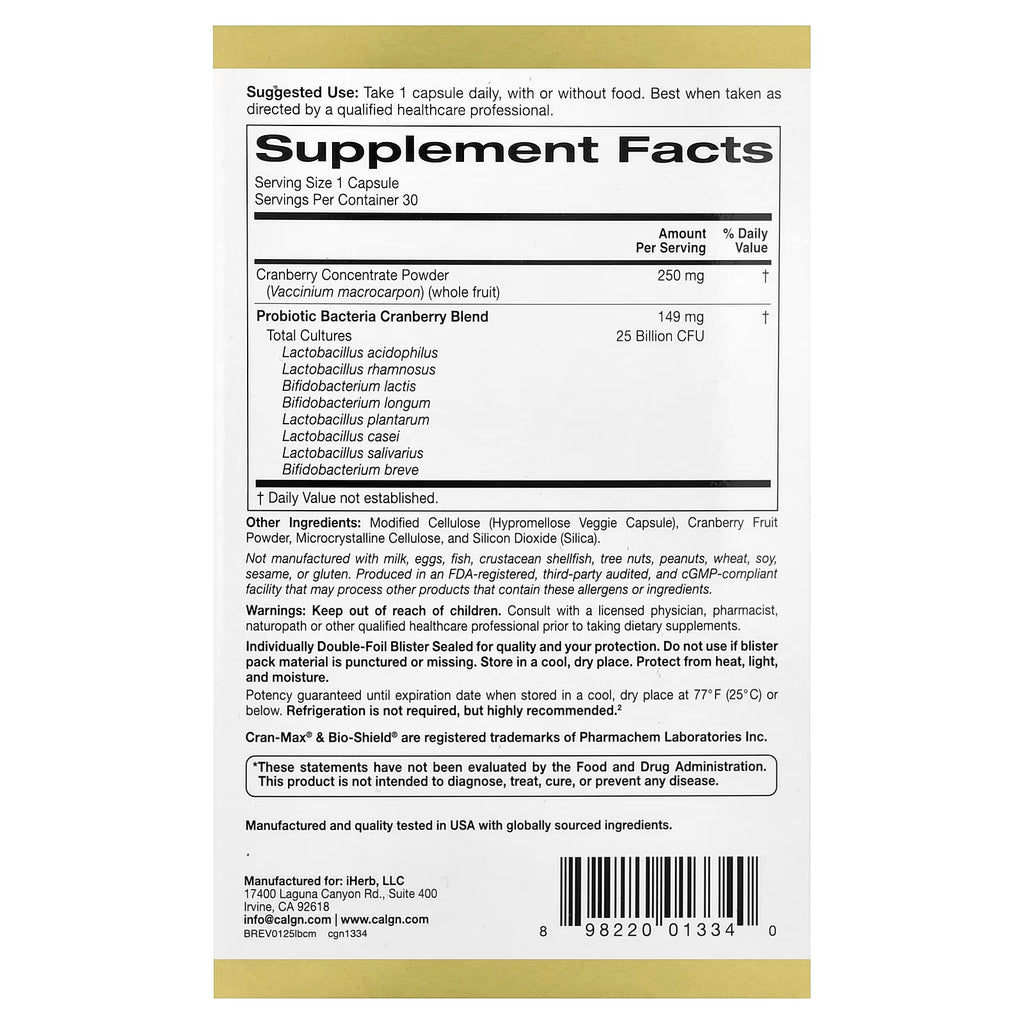California Gold Nutrition, CranMax® LactoBif® Probiotics, 25 Billion CFU, Sold Individually 1 Capsule
