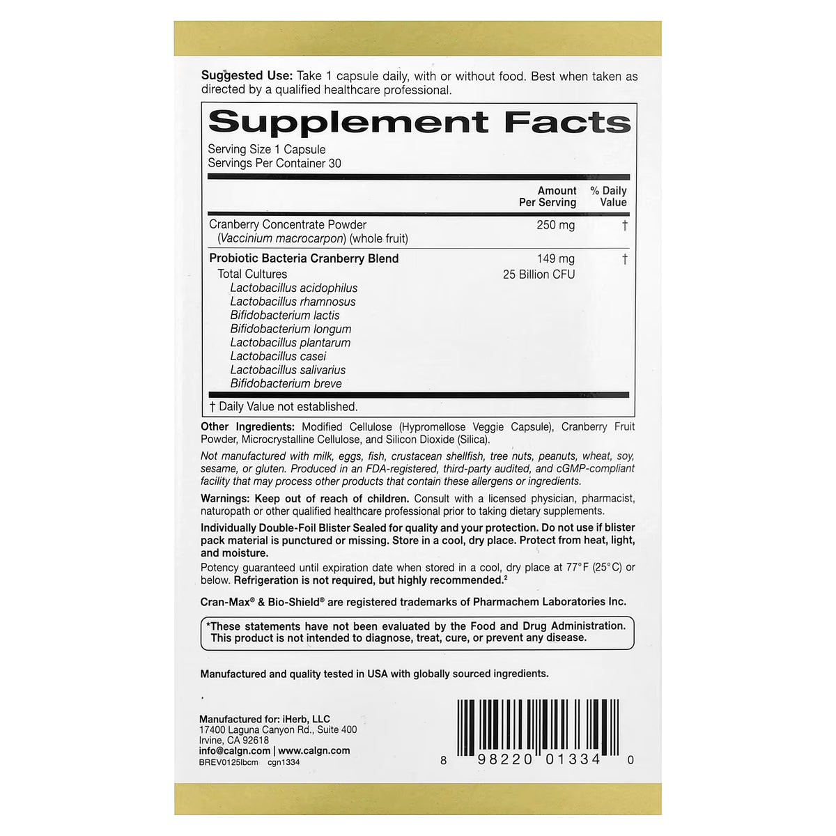 California Gold Nutrition, CranMax® LactoBif® Probiotics, 25 Billion CFU, Sold Individually 1 Capsule