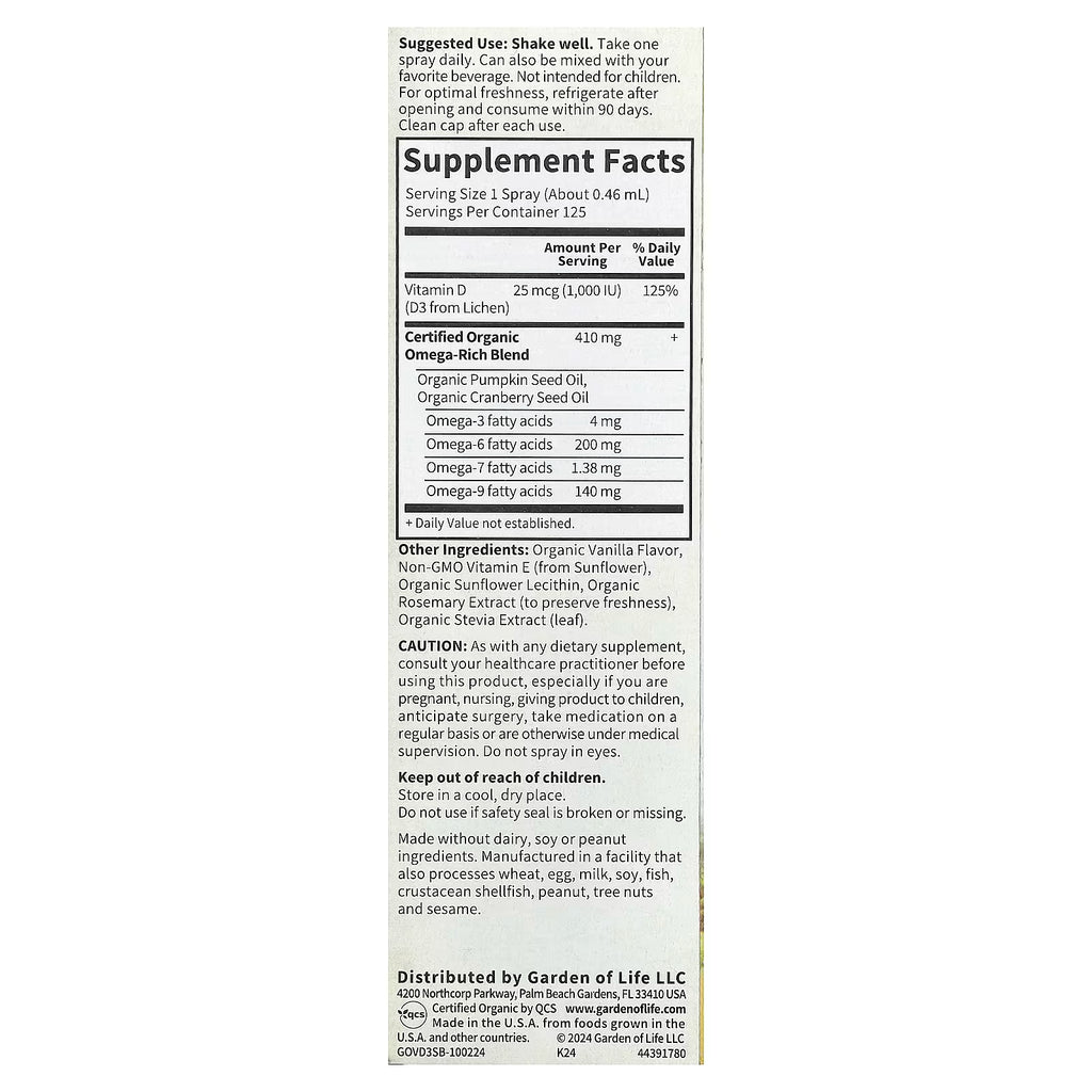 Garden of Life, Vegan D3 Organic Spray, Vanilla, 2 fl oz (58 ml)