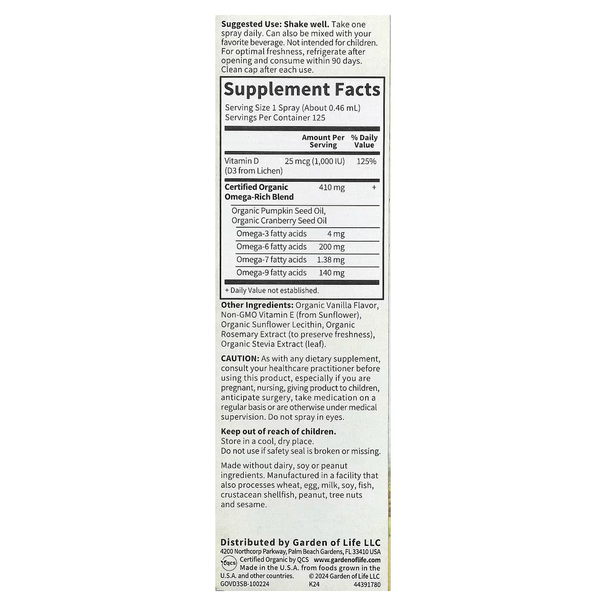 Garden of Life, Vegan D3 Organic Spray, Vanilla, 2 fl oz (58 ml)