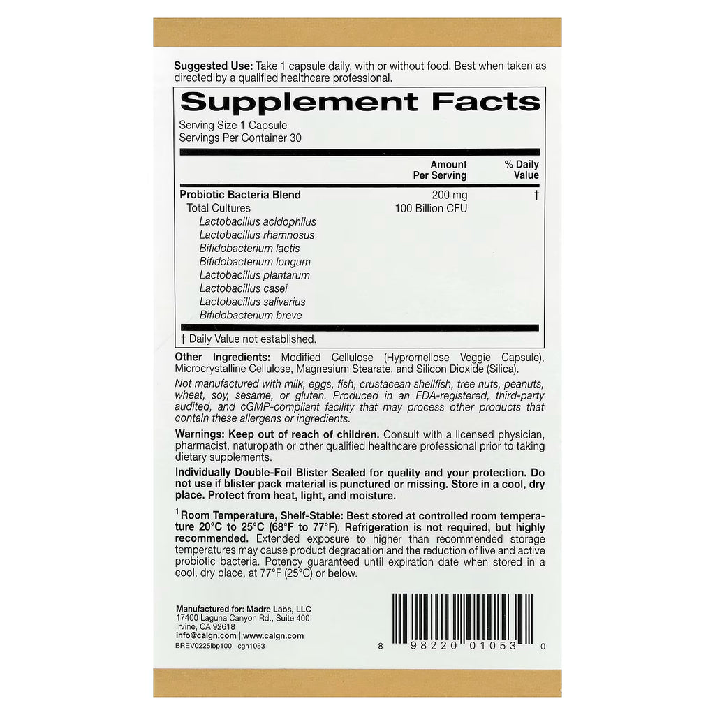 California Gold Nutrition, LactoBif® 100 Probiotics, 100 Billion CFU, Individual Veggie Capsule