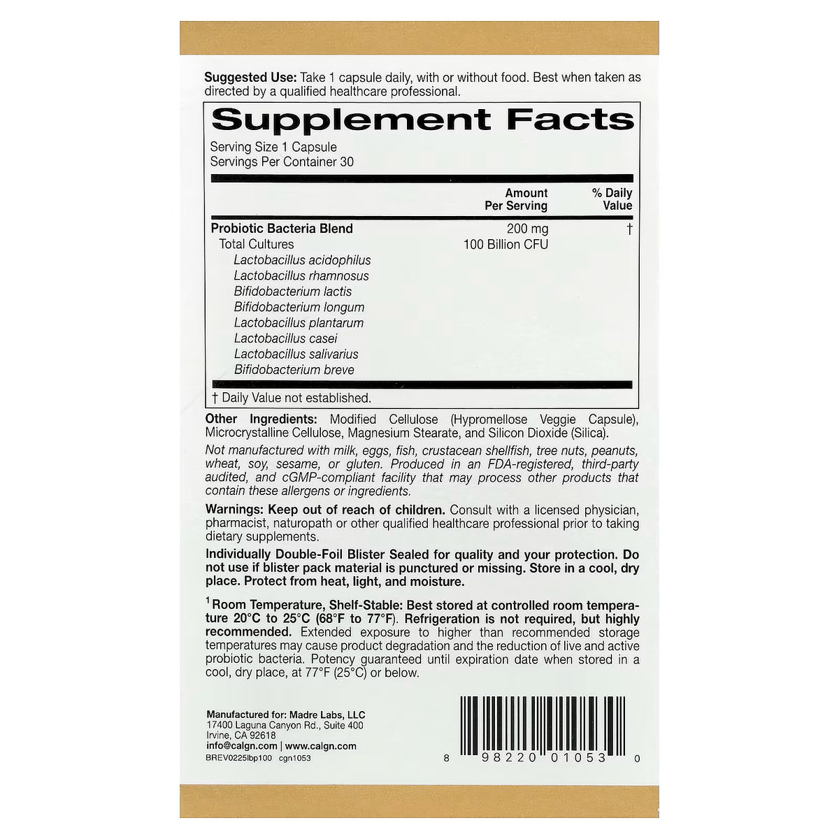 California Gold Nutrition, LactoBif® 100 Probiotics, 100 Billion CFU, Individual Veggie Capsule