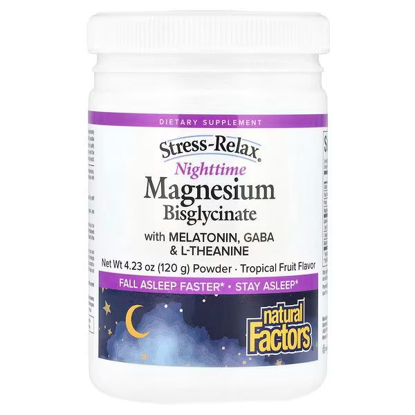Natural Factors, Stress-Relax®, Nighttime Magnesium Bisglycinate Powder with Melatonin, GABA & L-Theanine, Tropical Fruit, 4.23 oz (120 g)