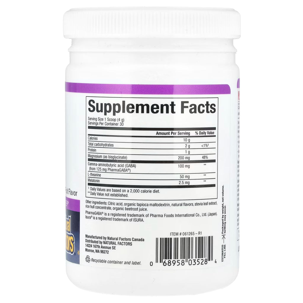 Natural Factors, Stress-Relax®, Nighttime Magnesium Bisglycinate Powder with Melatonin, GABA & L-Theanine, Tropical Fruit, 4.23 oz (120 g)