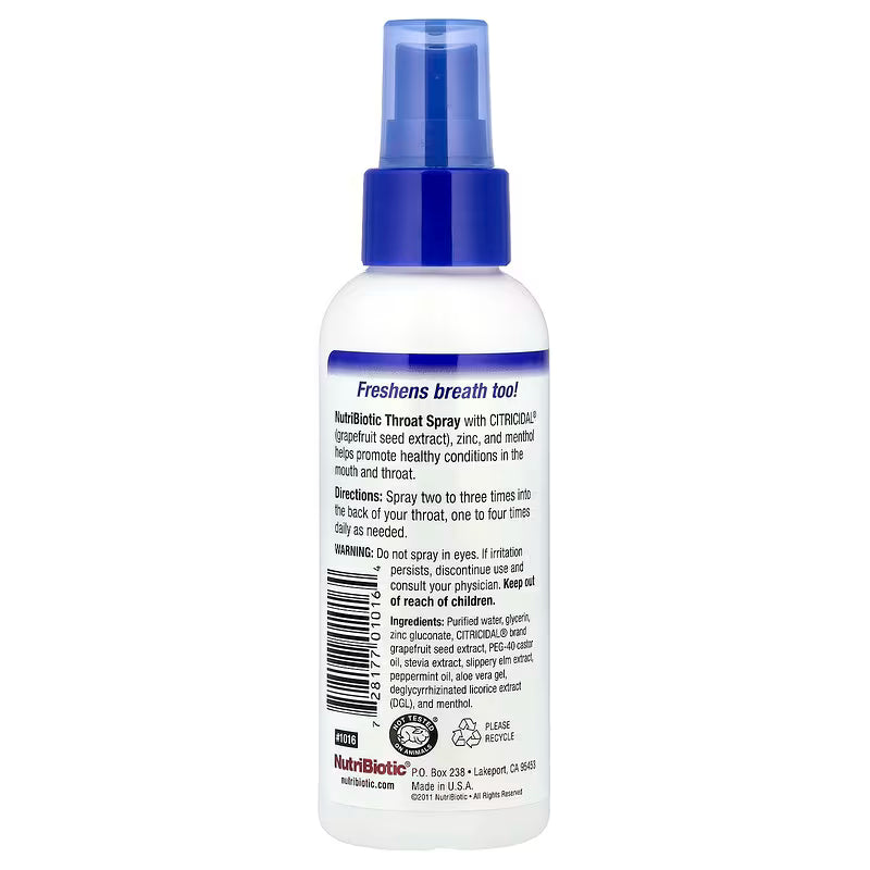 NutriBiotic, Throat Spray with Grapefruit Seed Extract plus Zinc & Menthol, 4 fl oz (118 ml)