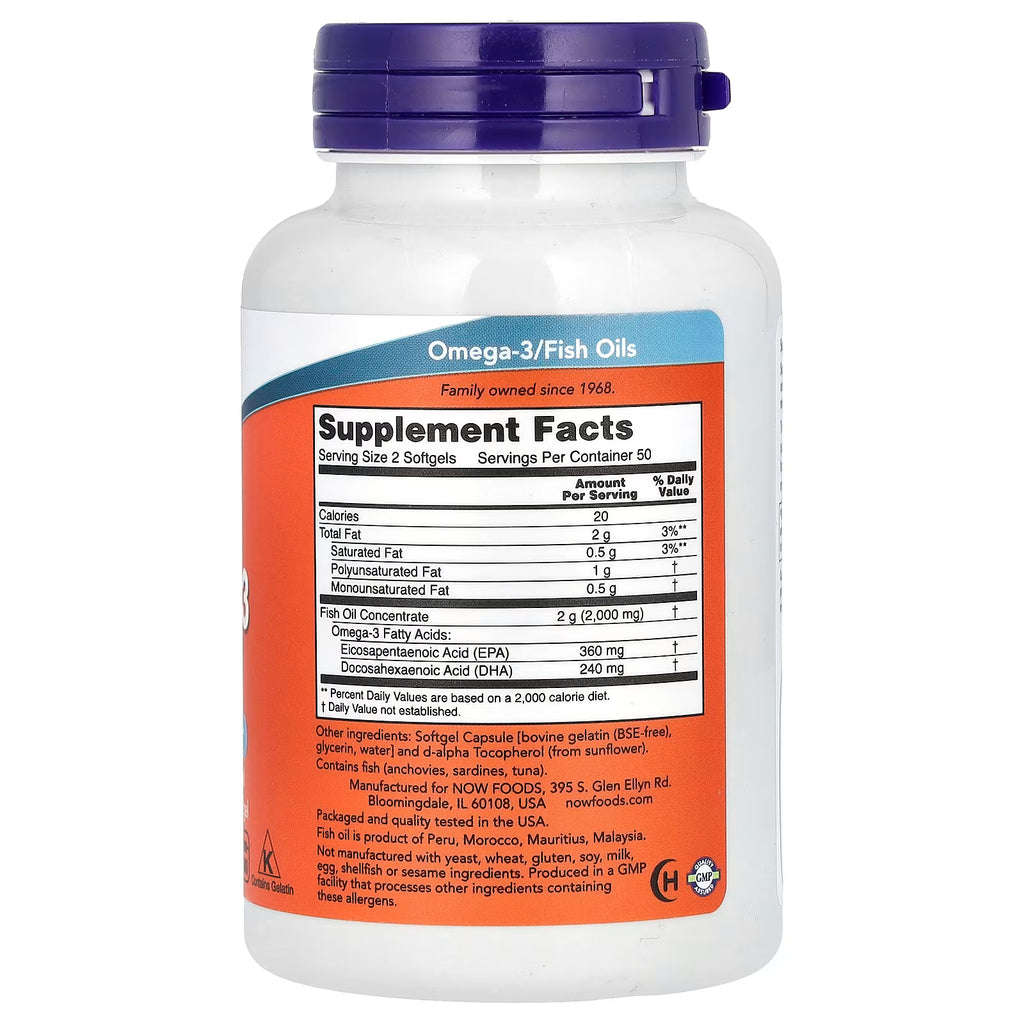 NOW Foods, Omega-3 Fish Oil, 1,000 mg, 180 EPA - 120 DHA, 100 Softgels