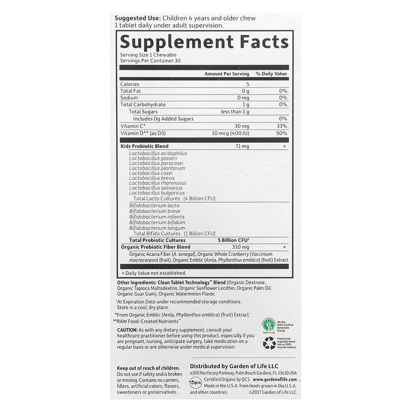 Garden of Life, Dr. Formulated Probiotics, Organic Kids + Probiotics + Vitamins C & D Chewables, Tasty Organic Watermelon, 30 Yummy Chewables