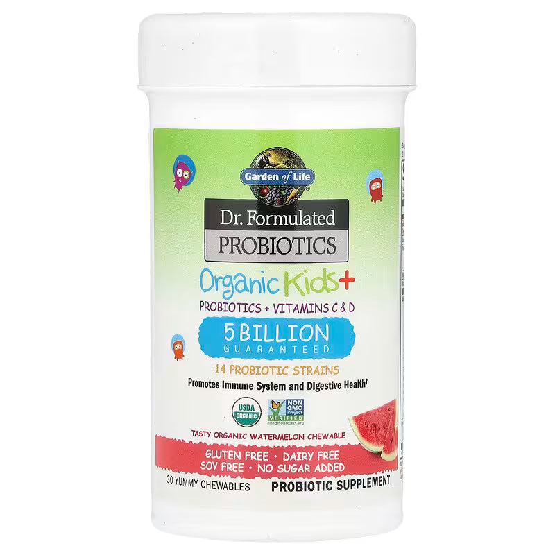 Garden of Life, Dr. Formulated Probiotics, Organic Kids + Probiotics + Vitamins C & D Chewables, Tasty Organic Watermelon, 30 Yummy Chewables