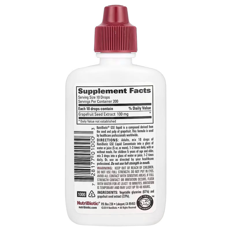 NutriBiotic, Vegan GSE Grapefruit Seed Extract, Liquid Concentrate, 100 mg, 2 fl oz (59 ml)