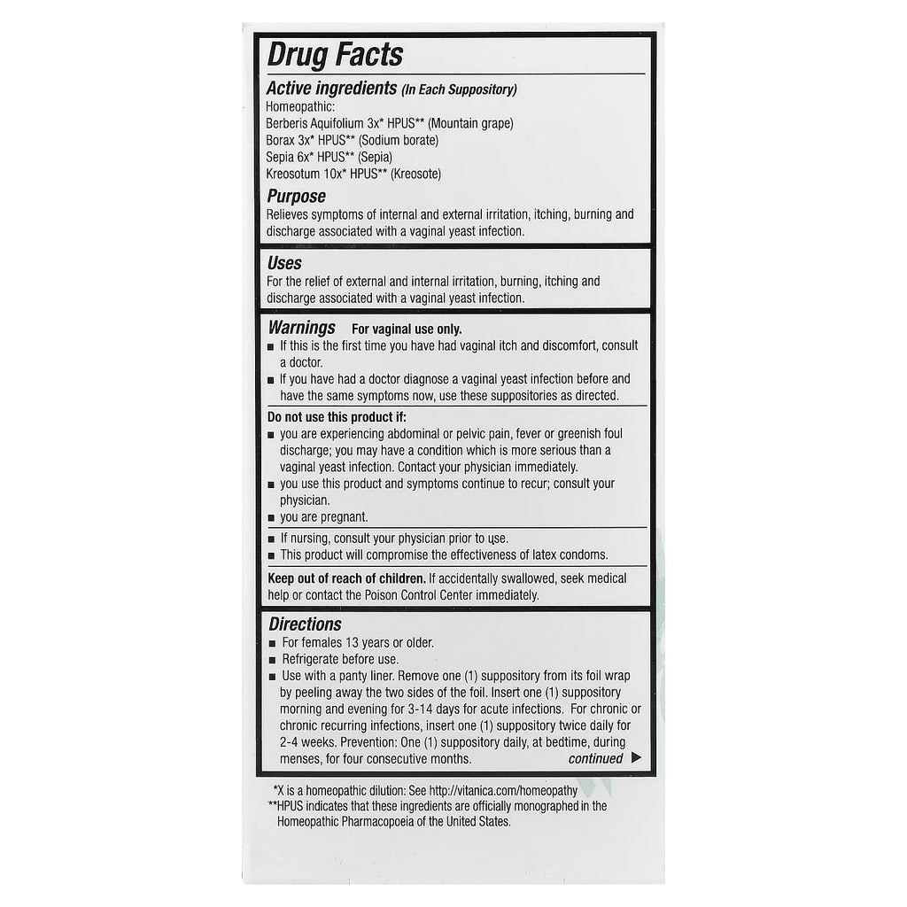 Vitanica Yeast Arrest, Vaginal Suppositories Sold Individually 1 Capsule