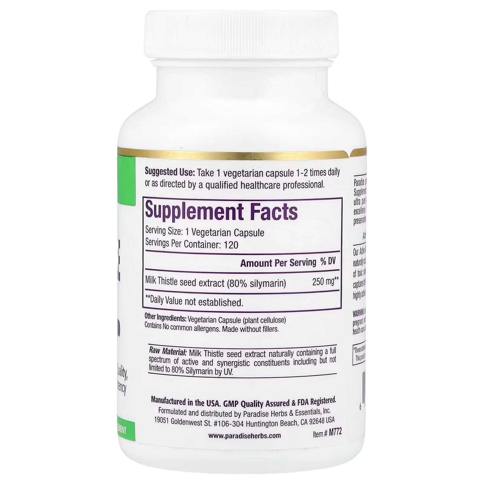 Paradise Herbs, Milk Thistle Extract, 120 Vegetarian Capsules (250 mg per Capsule)